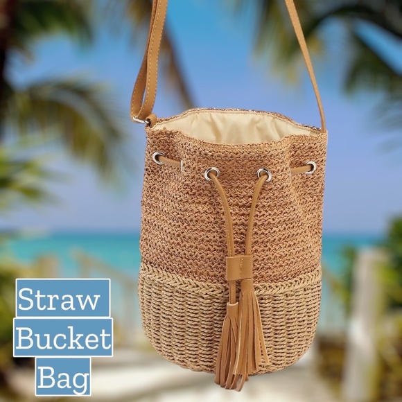 NEW DIRECTIONS Natural Straw Basket Bucket Bag - Picture 1 of 12
